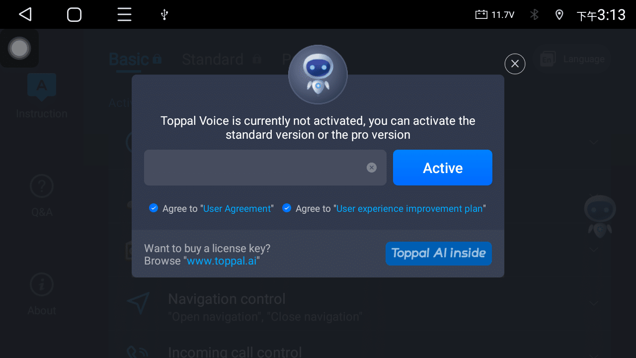 Pantalla de activación de la app Toppal Voice que muestra el campo de entrada del código de activación